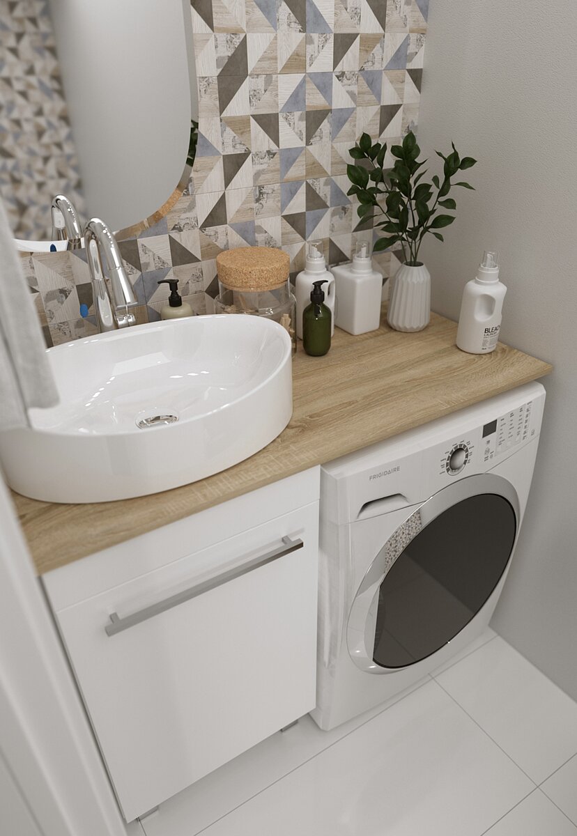 Вариант размещения накладной раковины на столешнице, под которой находится стиральная машина 