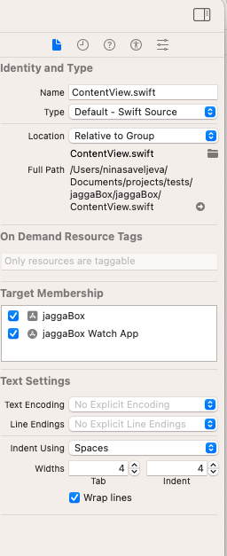 На скриншоте показаны свойства файла ContentView.swift в File Inspector. Выбранные Target Membership показывают что файл доступен и на приложении IOS (jaggaBox) и на приложении WatchOS (jaggaBox Watch App) 