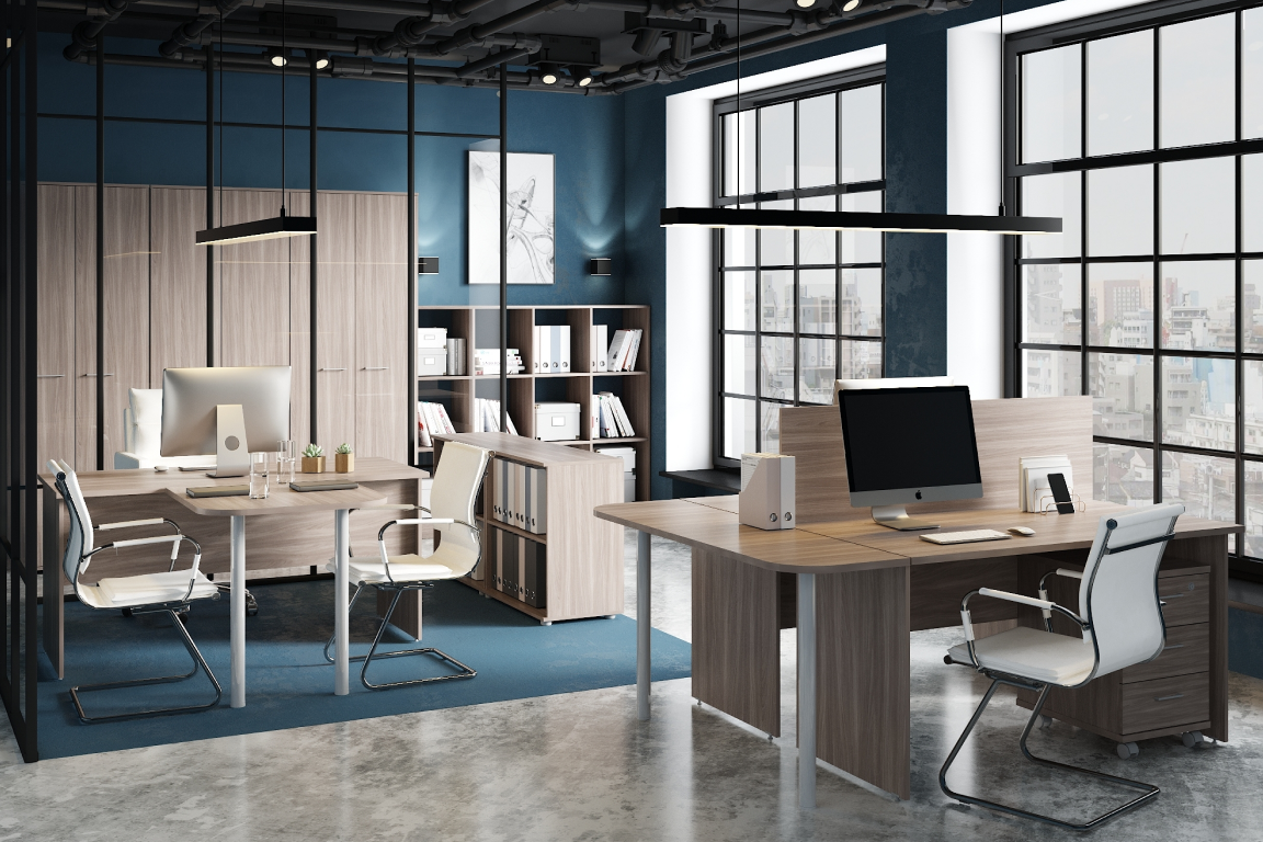 Стол для переговоров выделяется металлическими конструкциями, стеллажом и настилом на полу в тон стен. Код для поиска коллекции Avance на сайте онлайн-гипермаркета «Экспресс Офис» — 255619.