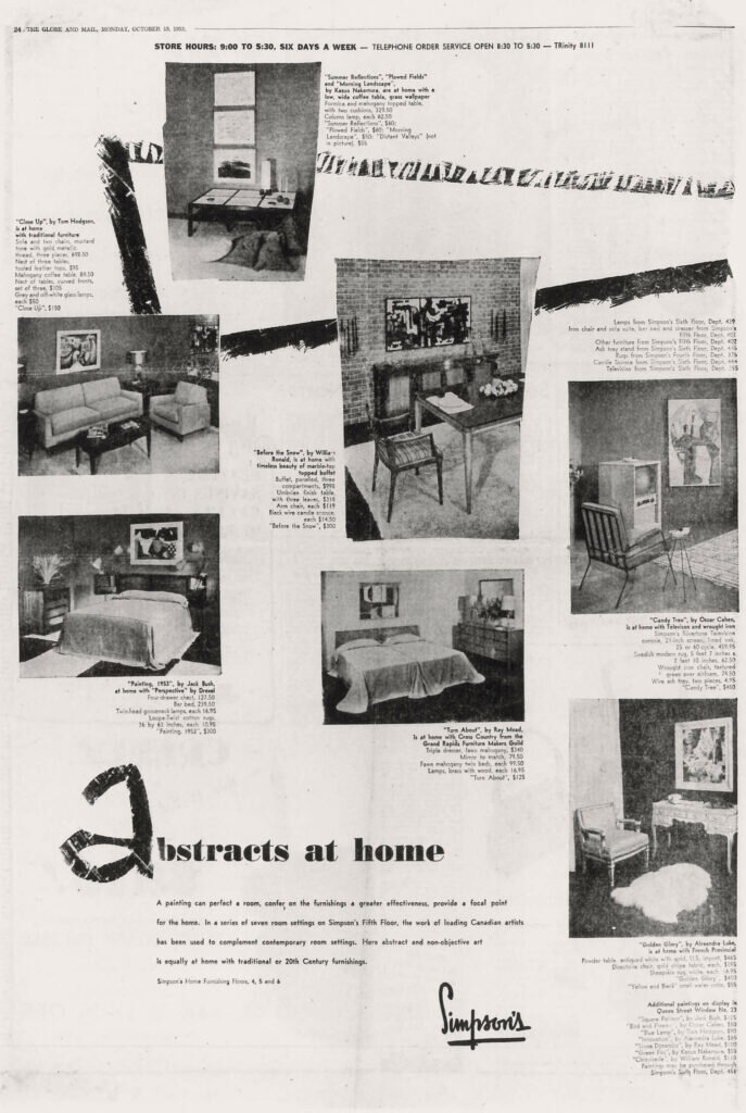 Реклама выставки "Абстракции дома" 1953 года, опубликованная в газете "Глоб энд Мейл", архив галереи Роберта Маклафлина, Ошава.