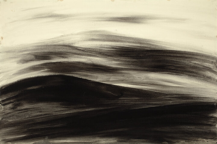 Кадзуо Накамура, "Утренний пейзаж", 1953, бумага, размытая тушью, 38,1 х 56,1 см, Галерея Роберта Маклафлина, Ошава.