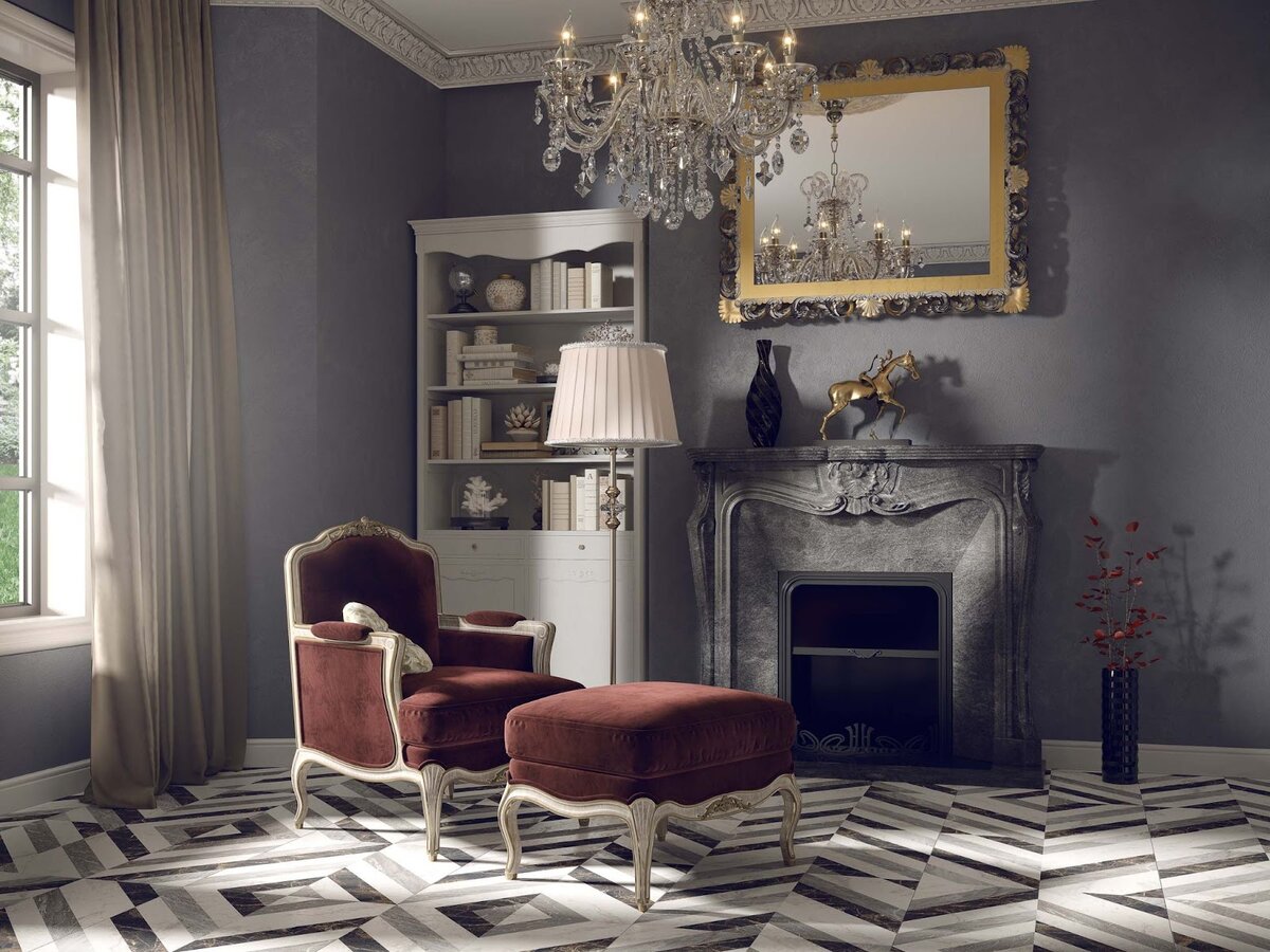 Изысканный и гармоничный интерьер комнаты с камином. На фото — керамогранит из коллекции Chambord ™Estima 