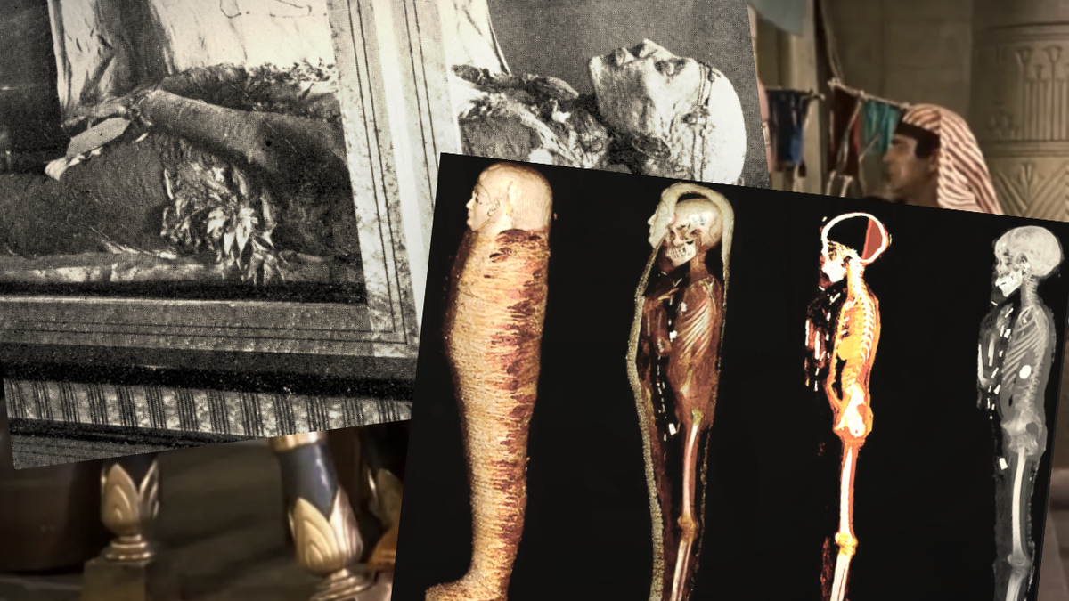 Мумия Рамзеса II(слева). Компьютерная томография позволила ученым в цифровом формате препарировать эту мумию, сохранив ее в целости и сохранности.(фото справа)