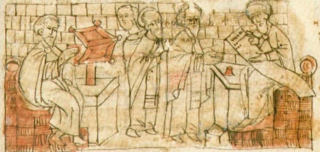 Работа книжников при Ярославе Мудром. Миниатюра Радзивилловской летописи, XV век. При Софийском соборе в Киеве была организована работа переводчиков книг. Возможно, автор летописи Ярослава изображён четвёртым слева пожилым церковником, а среди молодых писцов слева от него - ученик летописца, продолживший его дело после 1043 года. 