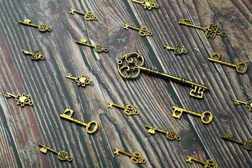 https://unsplash.com/photos/silver-and-gold-skeleton-key-on-wooden-surface-0UQWosGper4