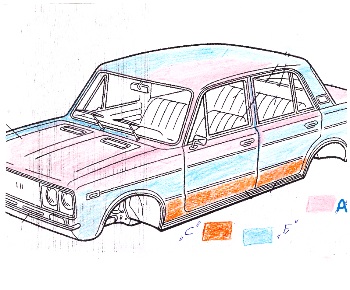Примерно так, только на своих моделях, обозначаются зоны ЛКП кузова, у всех по своему