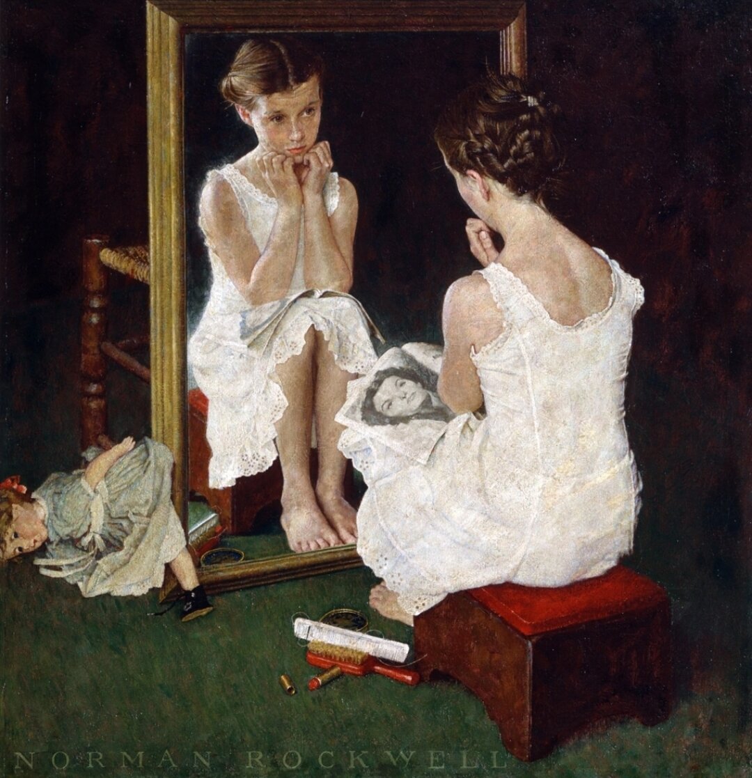 "Девушка у зеркала" Иллюстрация в "Saturday Evening Post",  апрель 1954 года. Оригинал находится в музее художника в г. Стокбридж, в штате Массачусетс в США.Художник Норман Роквелл