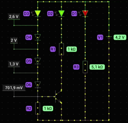 Зачем? Полностью заряженный аккумулятор Li-ion имеет напряжение 4.2V. Аккумулятор нельзя разряжать ниже значения 2.5-3.0V так как он может выйти из строя.-7