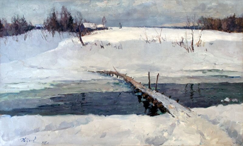 "Теплый февраль", 1954 Холст, масло 52,7 х 86,8 см. Дудов Юрий Николаевич