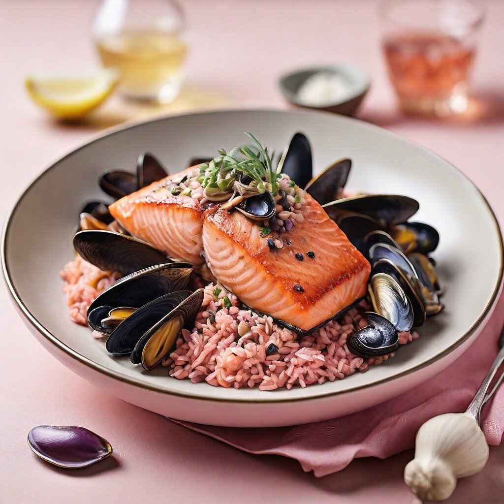 Лосось с розовым рисом и мидиями