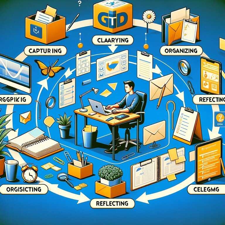 Изображение, иллюстрирующее метод "Getting Things Done" (GTD) Дэвида Аллена. На картинке представлен продуктивный и организованный рабочий пространство, оборудованное инструментами, такими как блокноты, цифровые менеджеры задач и визуальные напоминания, которые символизируют этапы GTD: захват задач, их уточнение, организация, рефлексия и вовлечение в работу. Элементы, такие как входящие ящики для идей и задач, списки для организации, а также спокойный и сосредоточенный человек, занимающийся своей работой, передают голистический подход системы к продуктивности и управлению работой без стресса.