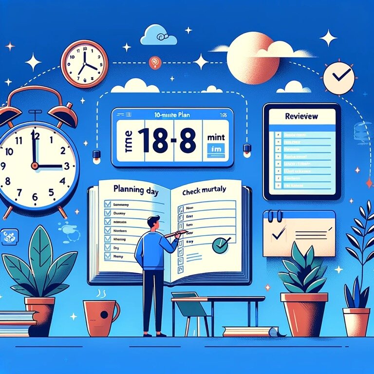 На изображении представлен концепт “18-минутного плана”, где человек начинает свой день с короткой сессии планирования, периодически проверяет выполнение задач в течение дня и затем анализирует свои достижения в конце дня. Включены визуальные элементы, такие как часы, установленные на 18 минут, блокнот или цифровой планировщик с перечнем задач и целей, а также спокойное, сфокусированное рабочее пространство, которое способствует планированию, рефлексии и продуктивности