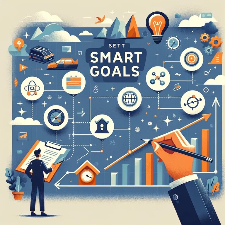 На  изображении визуализирована концепция установки SMART-целей, где изображен человек, разрабатывающий план или карту, включающую эти пять критериев. Символы или иконки, представляющие каждый аспект SMART, подчеркивают стратегическое планирование, ясность и путь к достижению, подчеркивая важность хорошо определенных целей для личного и профессионального роста.