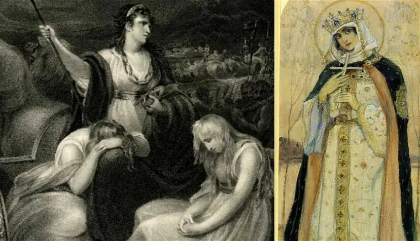 Плененная королева Боадицея в колеснице, работа Генри Синглтона, 1872 год, Британский музей, Лондон; картина со святой княгиней Ольгой, Михаила Нестерова, 1892 г.
