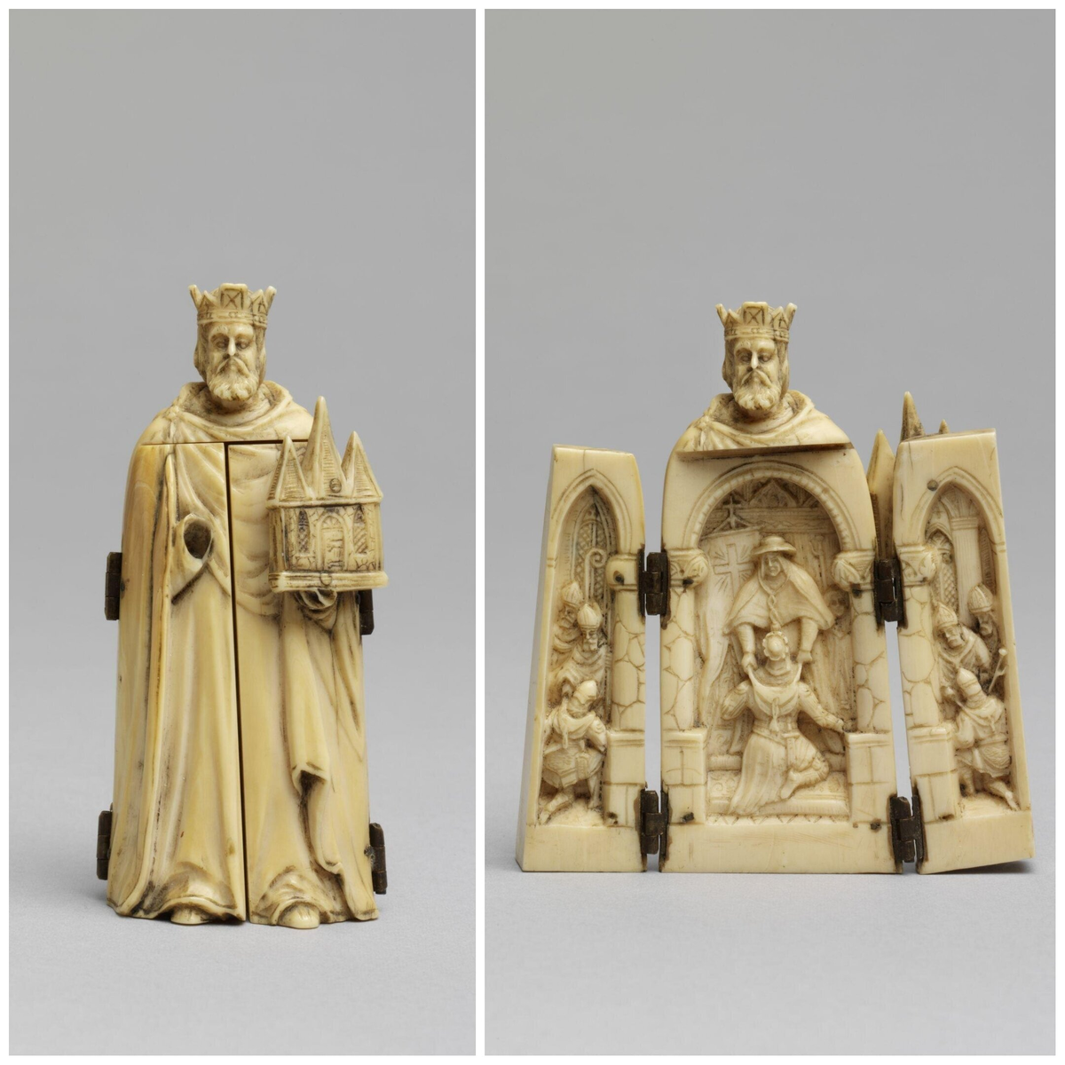 Эта статуэтка короля из слоновой кости, когда она открыта, образует триптих, внутри которого изображены король и два рыцаря, готовящиеся к крестовому походу. В центре, под круглой аркой, поддерживаемой двумя мраморными колоннами, кардинал благословляет коленопреклоненного короля. Дьепп, резьба по кости, ок. 1850 г., высота 7,5 см 