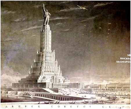 Дворе́ц Сове́тов предназначался для проведения сессий Верховного Совета СССР и массовых демонстраций.  По проекту высота Дворца Советов вместе с венчающей его стометровой статуей Владимира Ленина составляла 415 м. Дворец должен был стать центром новой советской Москвы, самым высоким зданием в мире и символом победы социализма. 