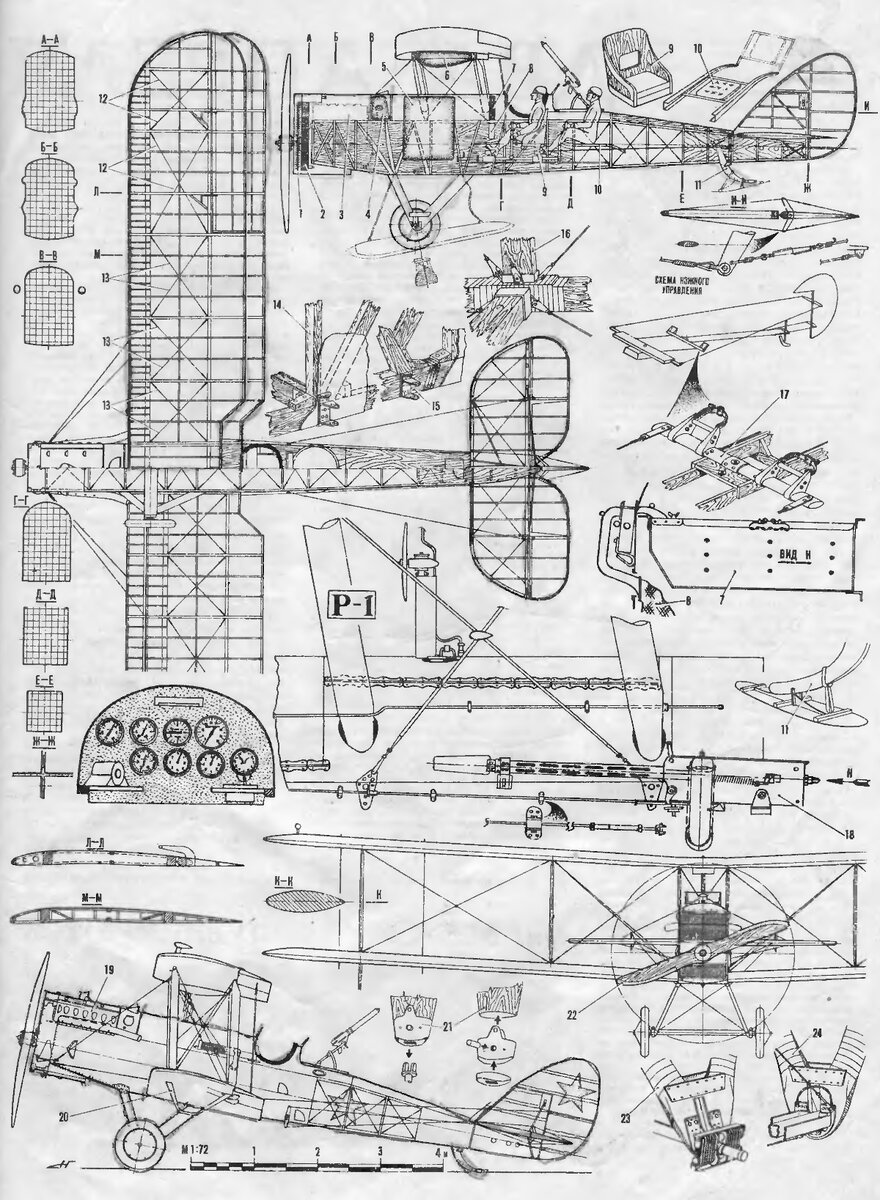 Чертеж разведчика Р-1 © Н. Гордюков. 1. Жалюзи капота. 2. Водяной радиатор. 3. Двигатель М-5. 4. Маслобак. 5. Фюзеляжный топливный бак. 6. Центропланный топливный бак. 7. Патронный ящик. 8. Звеньесборник. 9. Кресло пилота. 10. Сиденье летнаба. 11. Костыль. 12. Одинарные расчалки крыла. 13. Двойные расчалки крыла. 14. Узел крепления переднего лонжерона крыла. 15. Узел крепления заднего лонжерона крыла. 16. Типовой узел соединения в хвостовой части фюзеляжа. 17. Педали ножного управления. 18. Пулеметная установка ПУЛ-9 с пулеметом ПВ-1. 19. Съемная часть капота. 20. Предохранительная дуга. 21. Стойка коробки крыльев. 22. Латунная наклепка. 23. Вид на стойку шасси со стороны колеса. 24. Вид на стойку шасси от оси симметрии