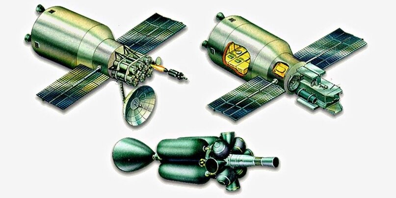 Слева сверху система «Каскад», справа — «Скиф», внизу – ракета-перехватчик космического базирования