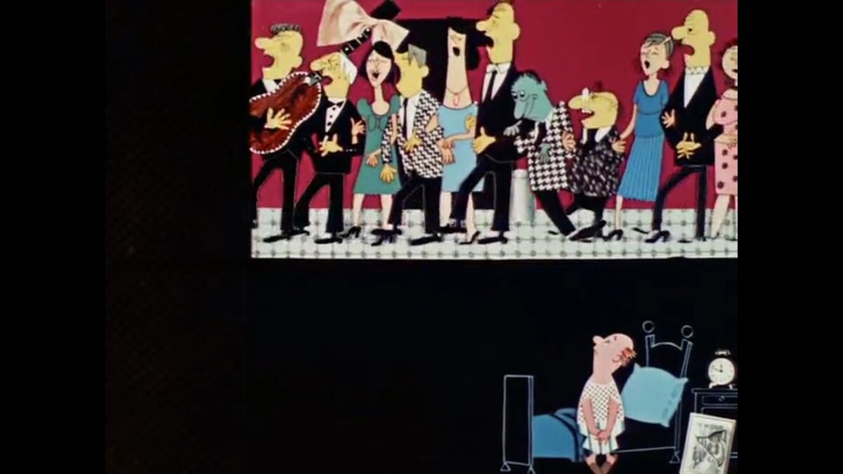 Мамину мешают спать шумные соседи. Кадр из мультфильма "История одного преступления", реж. Фёдор Хитрук, «Союзмультфильм», 1962. 