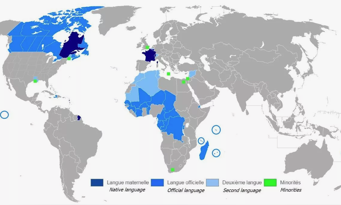 Расшифровка карты: темно-синий - родной язык, синий - официальный язык, голубой - второй официальный язык, зеленый - язык эмигрантов. Фото карты из открытых источников