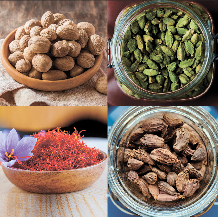 Мускатный орех, зеленый кардамон, шафран и черный кардамон
