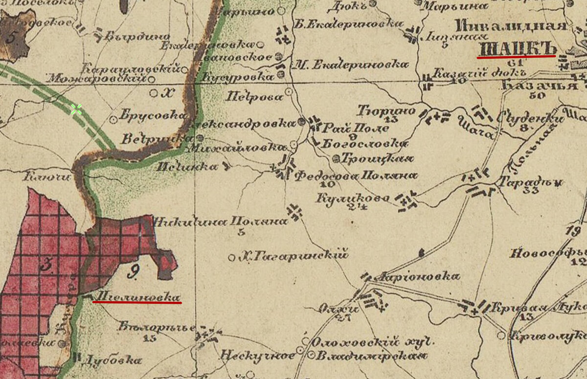 Пчелиновка и Шацк на карте Рязанской губернии 1875 года