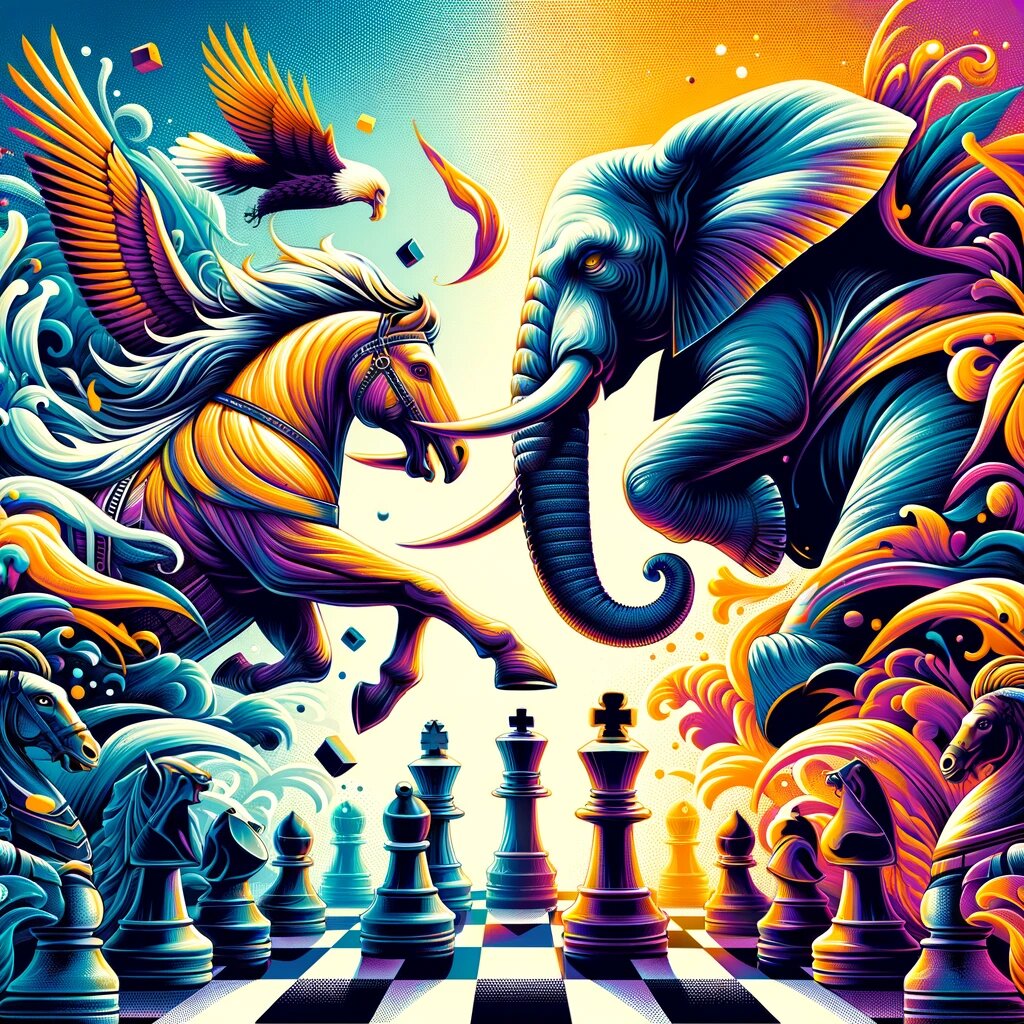 В шахматах борьба слонов с конями всегда яркая и эпичная.