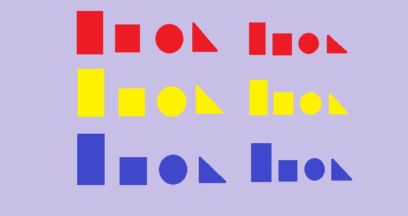 Блоки Дьенеша (здесь 24 фигуры. Ещё 24 идентичных фигуры должны быть сделаны из более толстого картона)