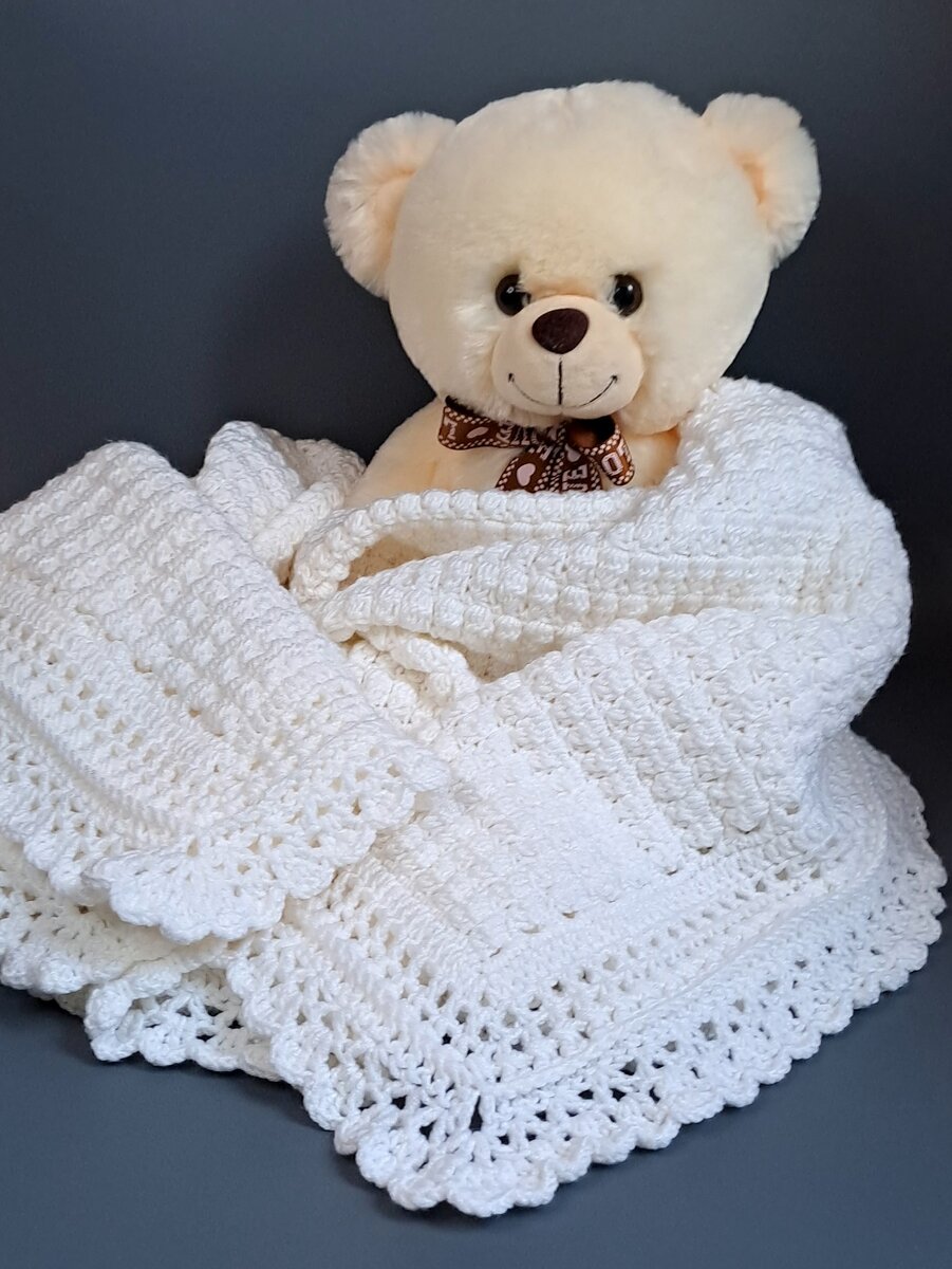 N.Tenderness Плед для новорожденного белый с очень красивой ажурной обвязкой