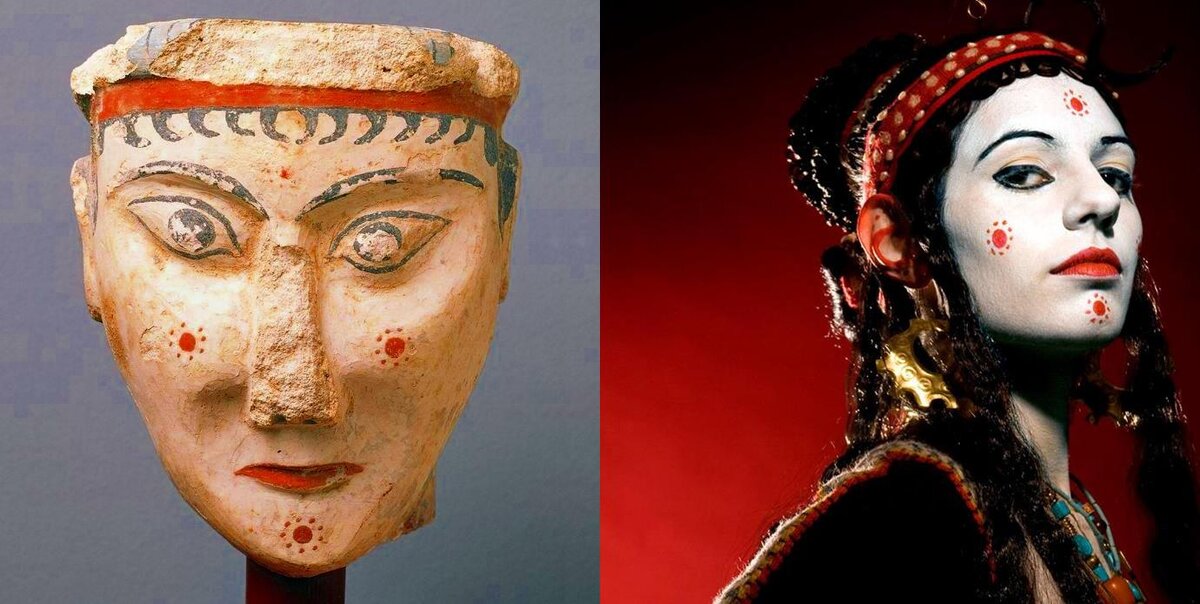 Слева — голова женской статуэтки из Национального археологического музея Афин, ок. 1250-1200 гг до н.э. Спарва — современная попытка воссоздания макияжа микенской дамы.