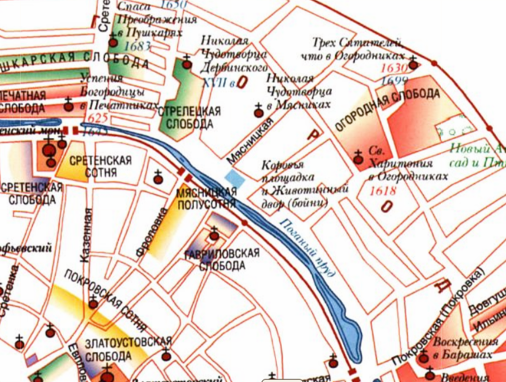 Москва во второй половине XVII в. в пределах Земляного города, фрагмент восстановленной карты. retromap.ru