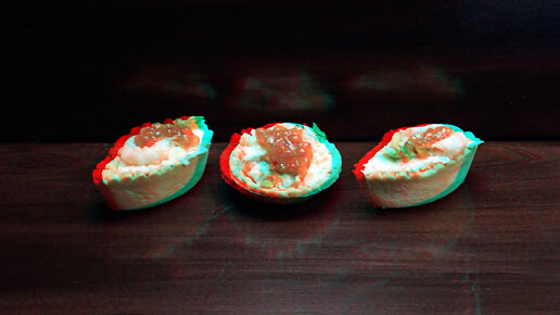 3D stereo red-cyan тарталетки с креветками, сыром и красной икрой