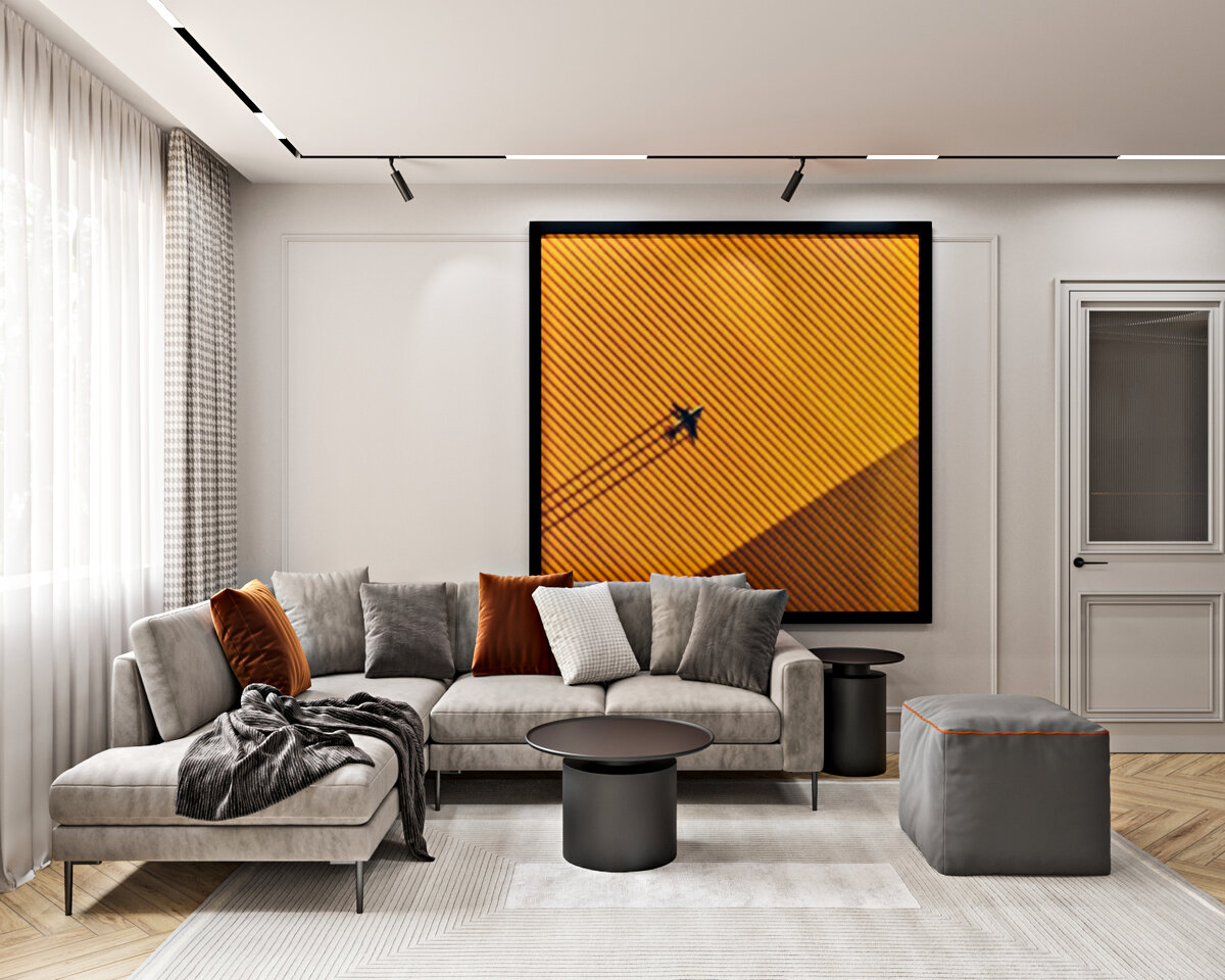 3D-визуализация интерьера кухни-гостиной в квартиры 90,25м2, ЖК "На Депутатской"