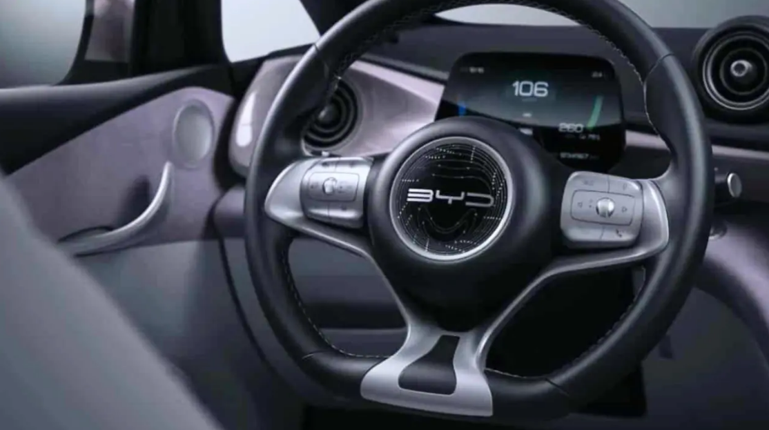 Электромобиль BYD Dolphin и логотип на руле, иллюстративный | фото: БИД