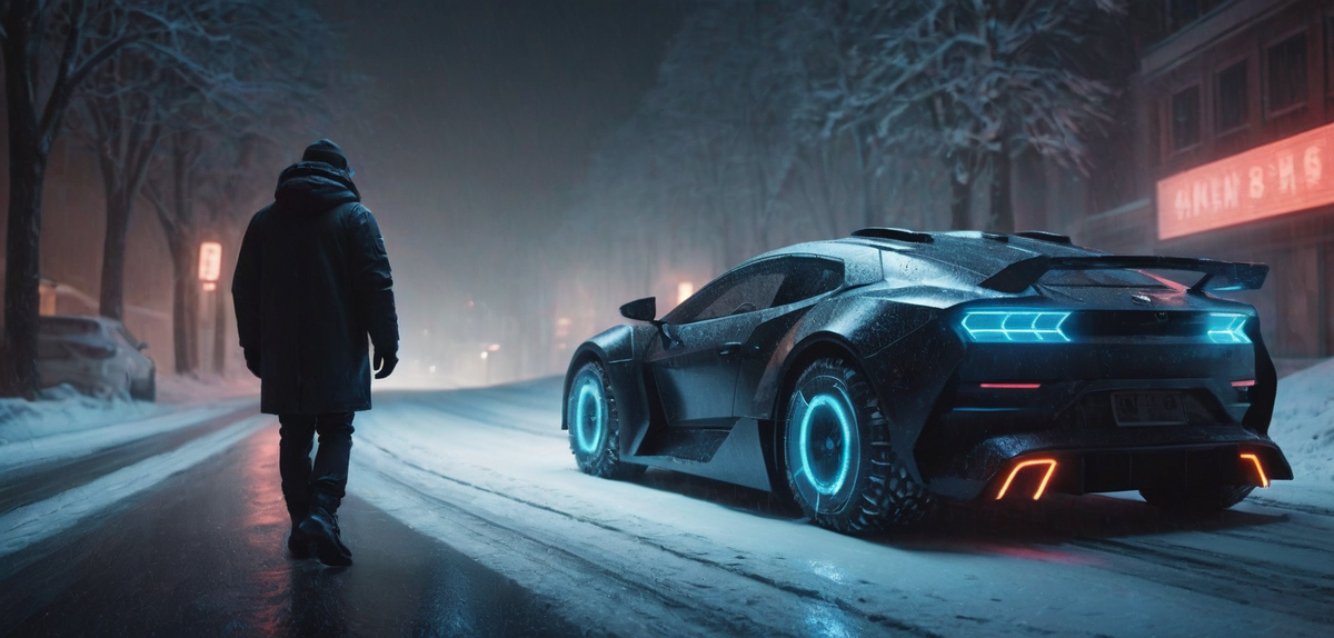 A one man moving near a black futuristic car on the winter road with snowflakes. Fooocus V2 Realistic