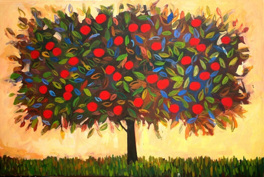 Плоды чудо дерева 5 букв. Картина дерево. Дерево с молодильными яблоками. Деревья в примитивной живописи. Яблоко в абстрактной живописи.