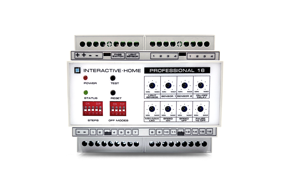 Используется для однопролетных лестниц: 2 датчика движения, 16 ступеней. Простая настройка параметров подсветки. Контроллер может работать с 12-вольтовыми или с 24-вольтовыми источниками освещения. При заказе уточните, какая модификация вам нужна.