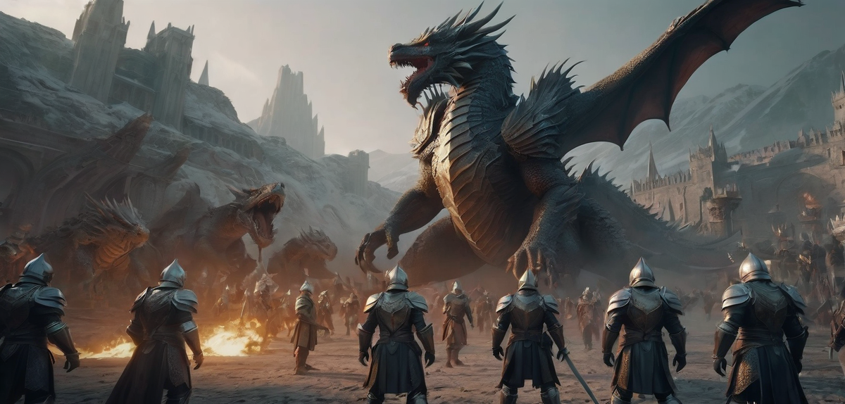 Fantasy battle war dragon knights dwarfs elves. Fooocus V2 Realistic