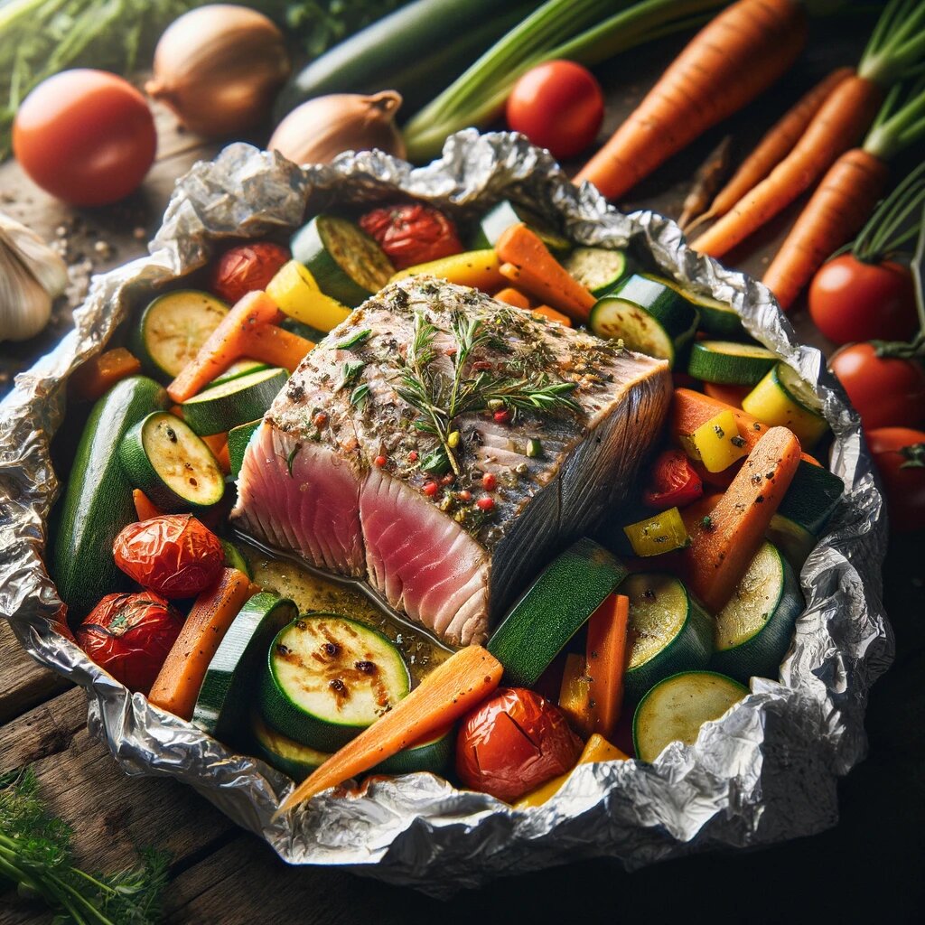 Запеченный тунец в фольге с овощами