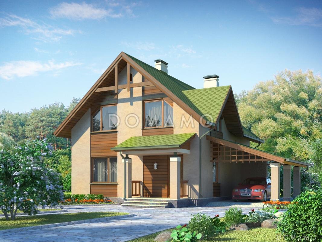 Проект D686 — дом с мансардой и навесом для машины