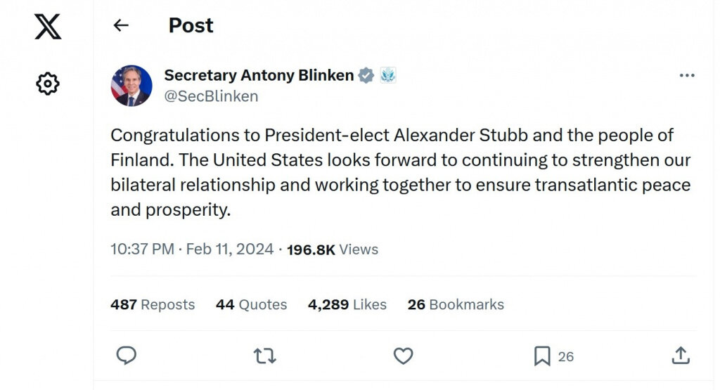 скриншот поздравления Стубба госсекретарем США Энтони Блинкеном, опубликованного в запрещенной в России сосцсети Х