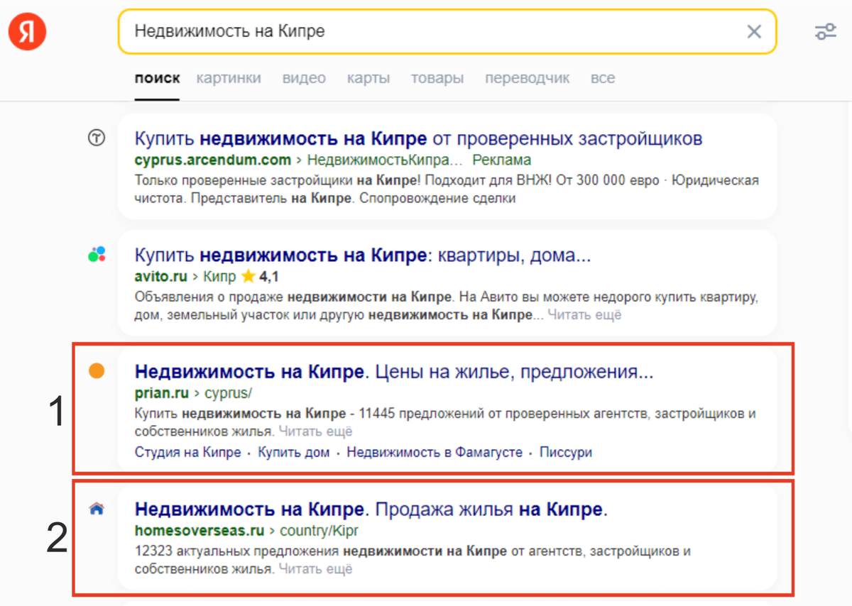 Выдача на примере "Недвижимость на Кипре"