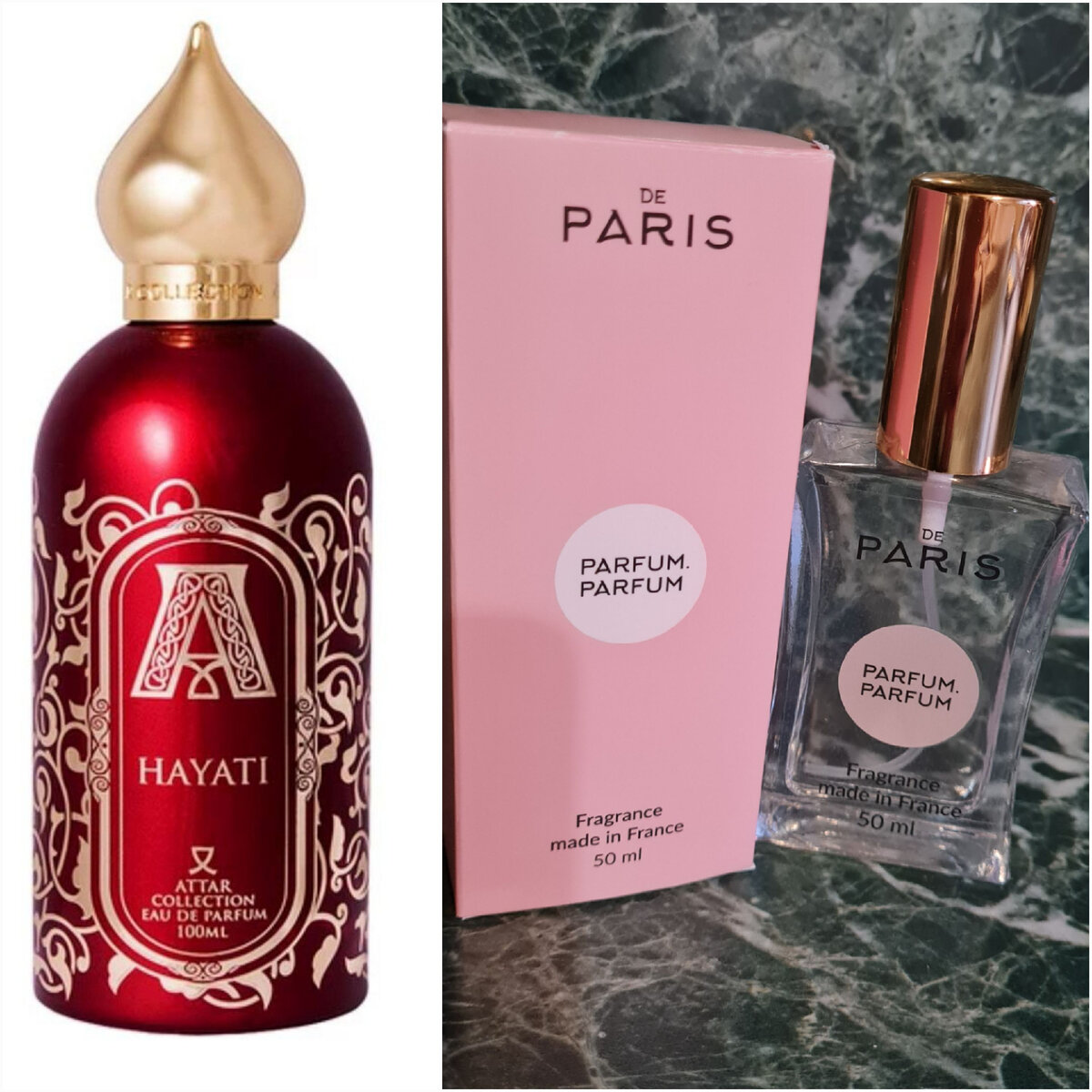 Слева оригинал, а справа — мой аналог. Купила 50 мл в стекле за 1490 рублей. 