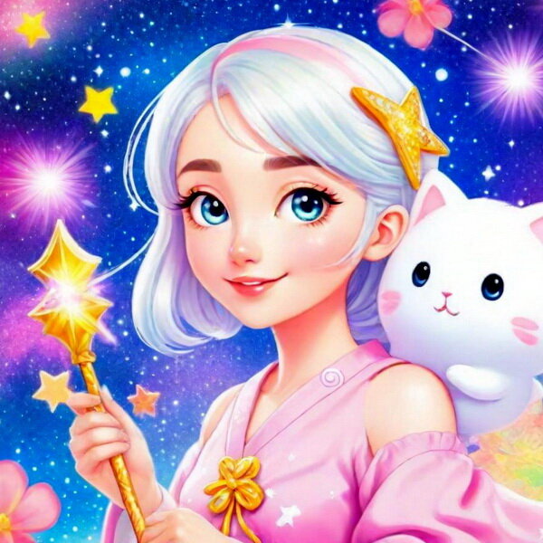Картинки девочка 3D с волшебной палочкой на фоне звёздного неба