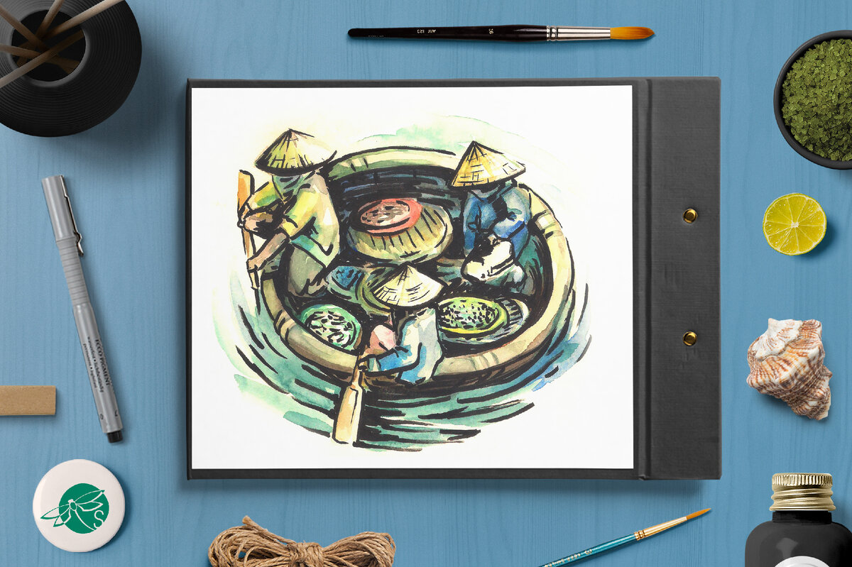 Зарисовка акварелью и черный линер кисть, Вьетнамские рыбаки в традиционной круглой лодке. Рисунок из Тревел-Бука 