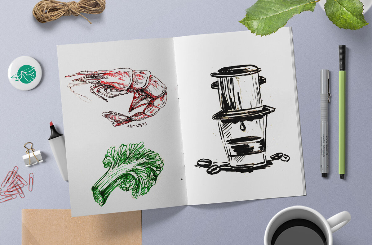 Эскиз цветными ручками и линером, кисть. Рисунок из блокнота ежедневника.  