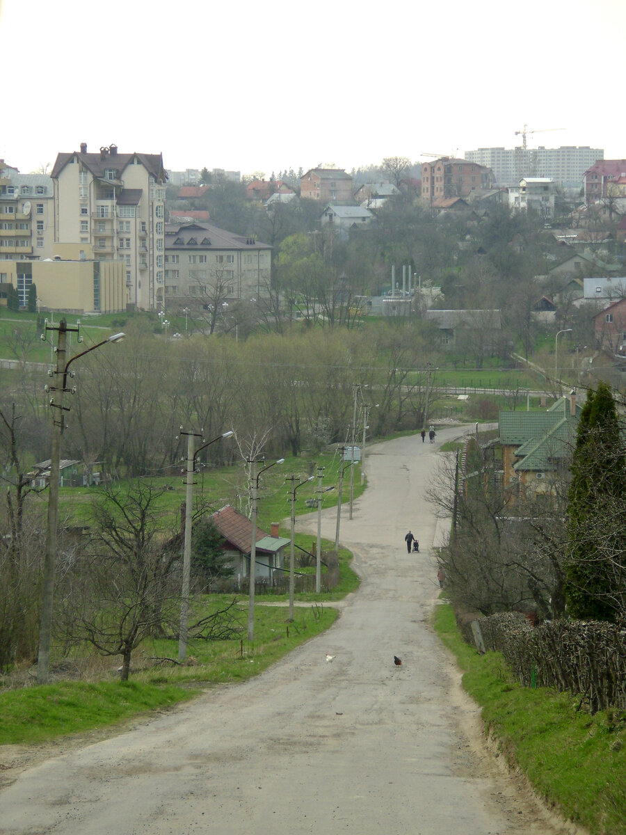 Трускавец, 2012, слева вверху жёлтое здание клиники Козявкина. Лично мне хорошо дышалось где-то в этом районе. Кстати, за курицами дальше по дороге — я и Макс в коляске. А фото Лена делала.