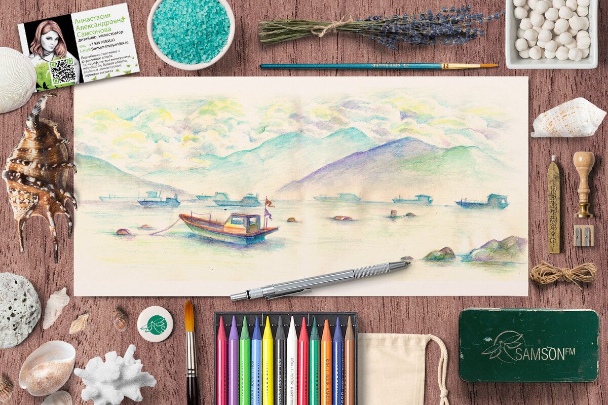 Вид на залив Йосу. Цветные акварельные карандаши. Рисунок из Тревел-Бука путешествий по Корее