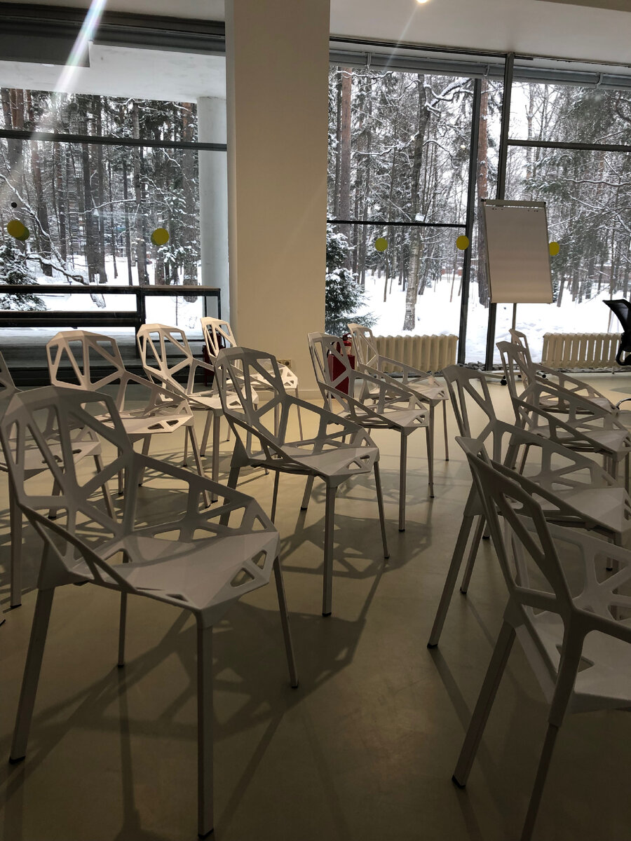 Лекторий находится вот в таком приятном зале с видами на лес