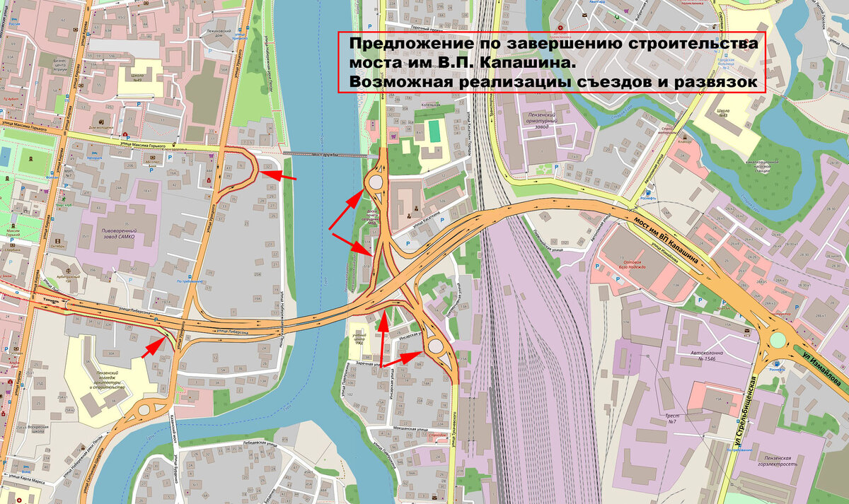 Набросок возможного варианта реализации  съездов  с моста им В.П. Капашина г Пенза